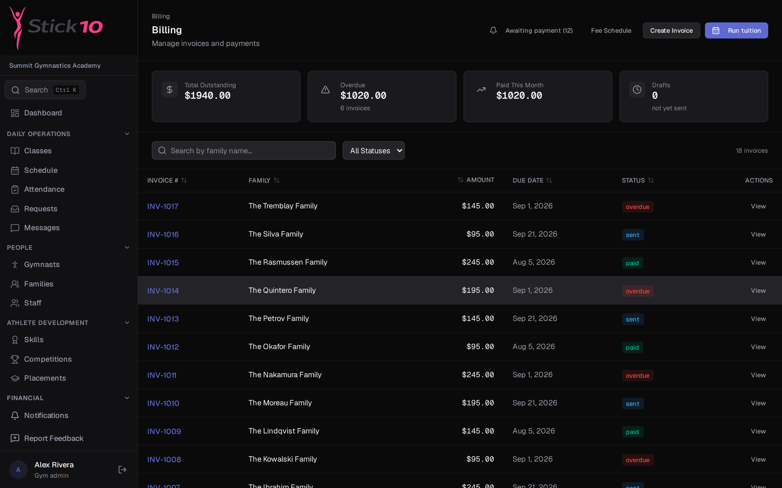 Stick10 billing page with outstanding, overdue and paid totals above the invoice list