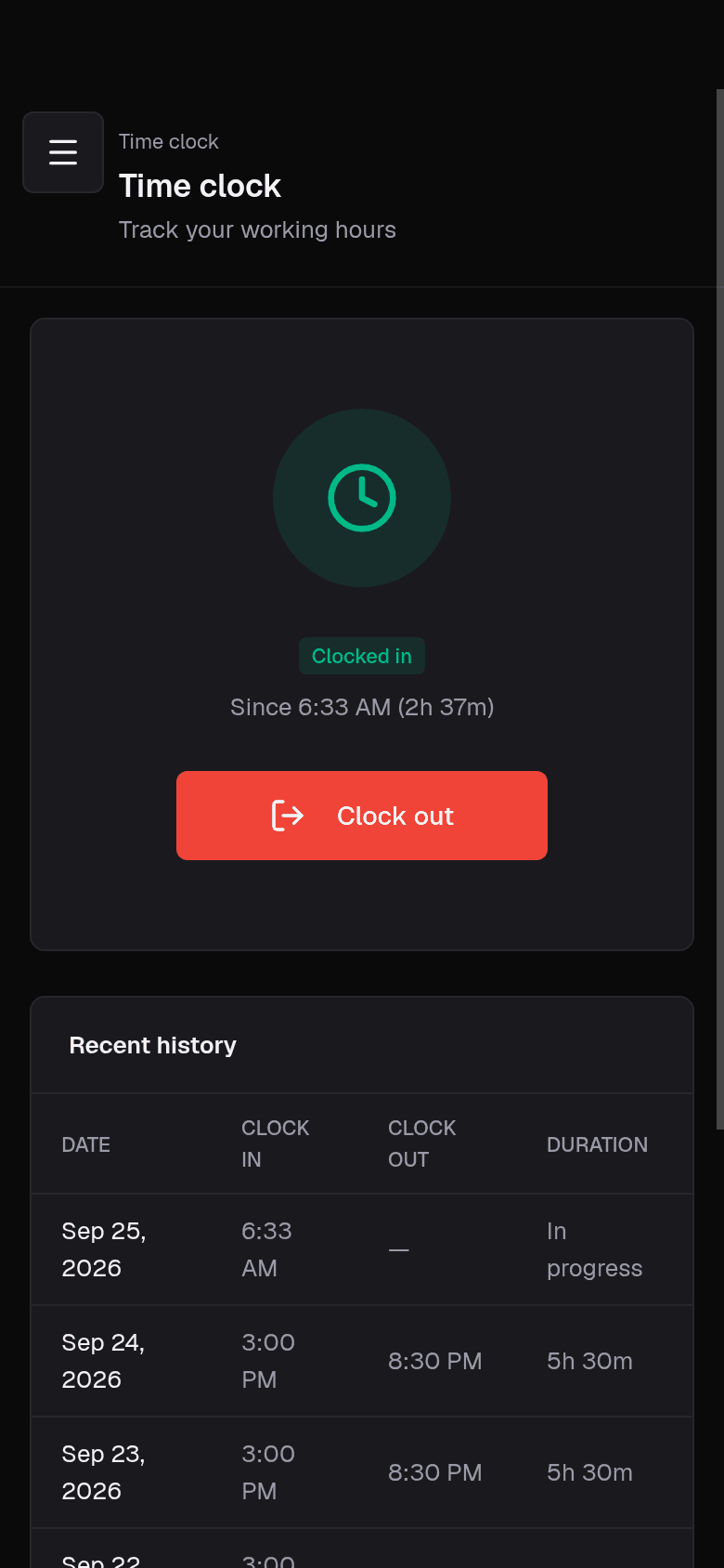 Coach time clock on a phone, clocked in with recent shifts below
