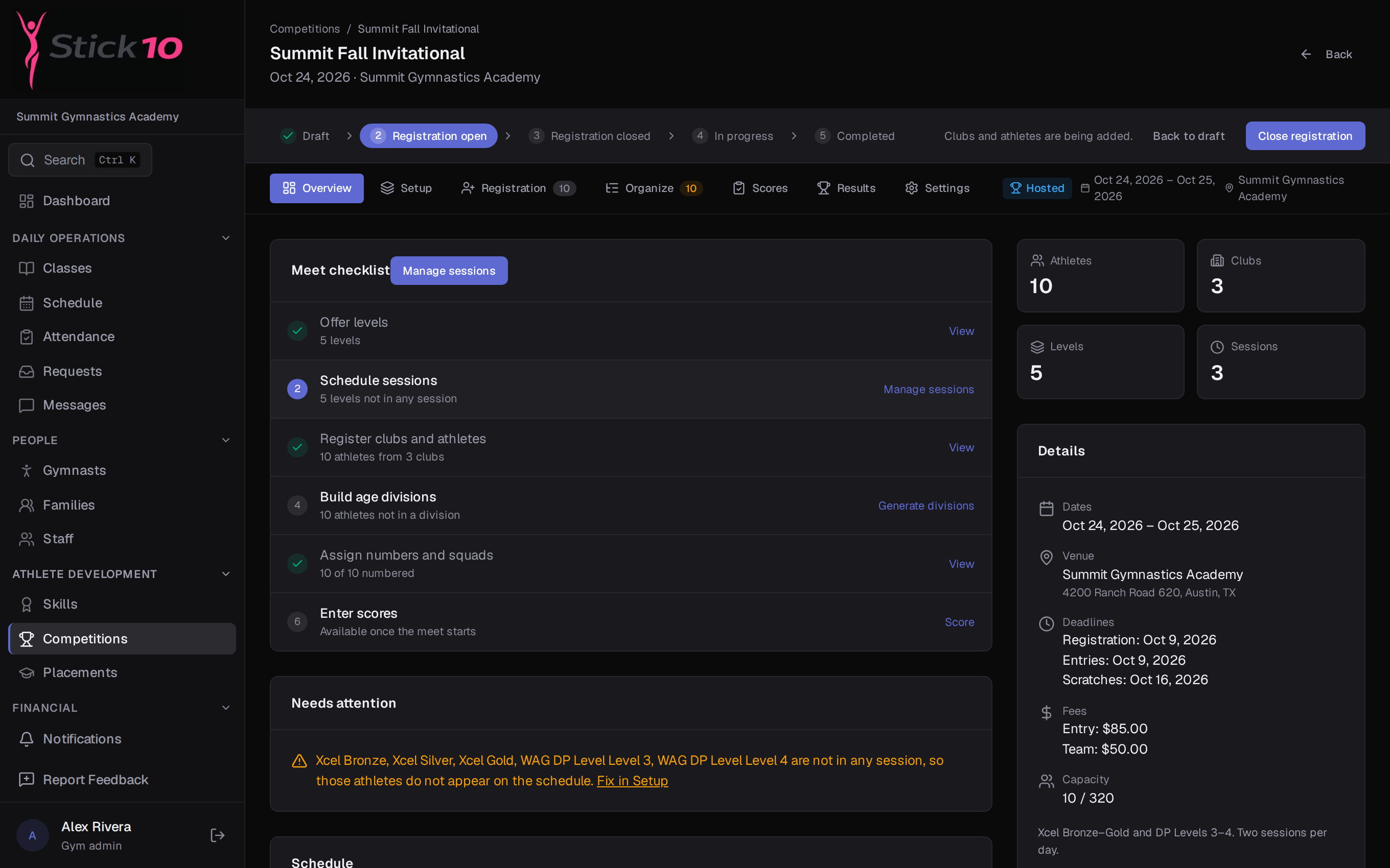 Stick10 hosted meet overview with the setup checklist from levels through results