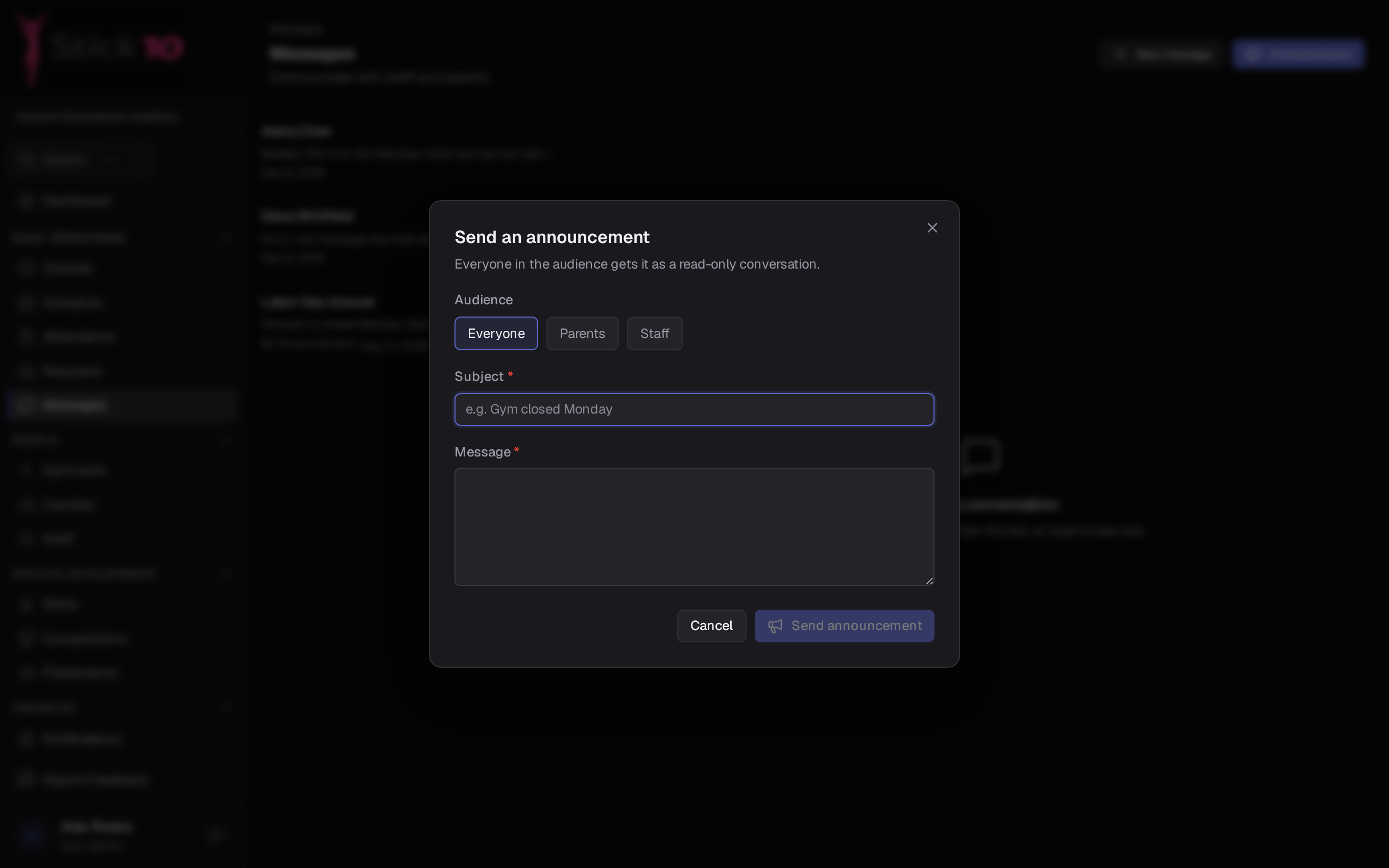 Stick10 announcement dialog with an audience of everyone, parents only or staff only