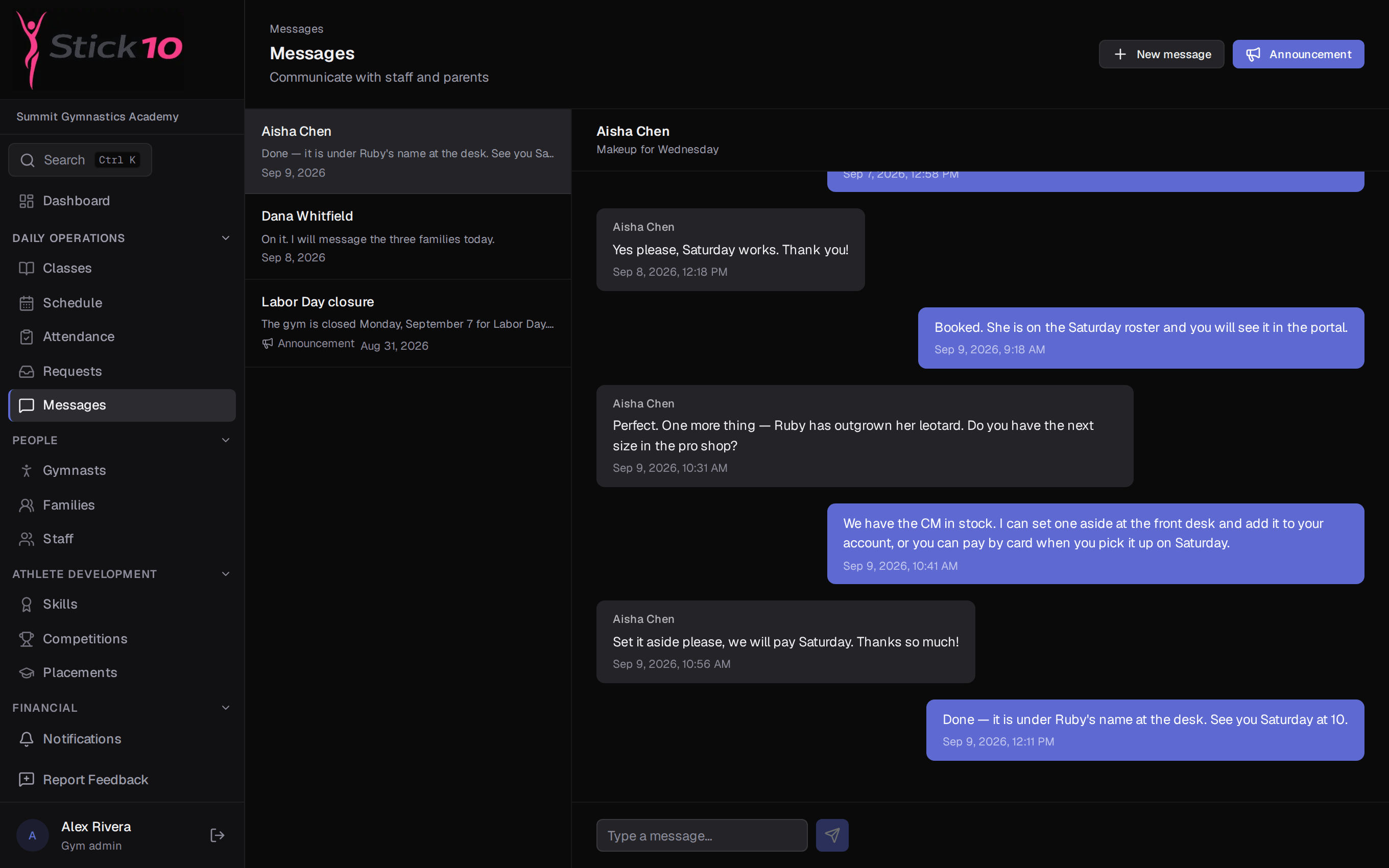 Stick10 messages page with a conversation between a coach and a parent