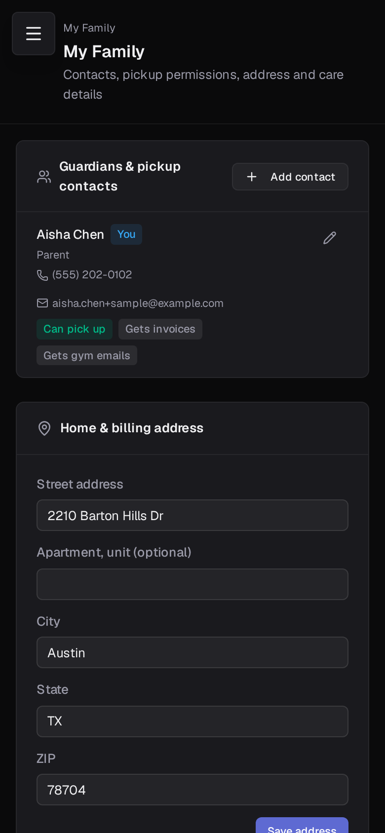 Parent portal family page on a phone