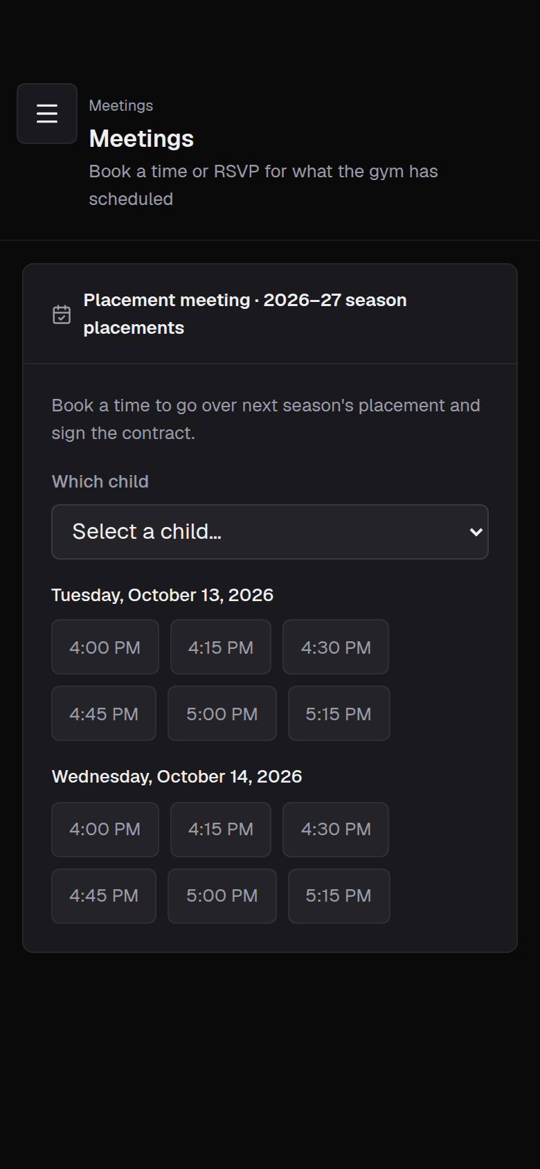 Parent portal placement meeting with open time slots on a phone