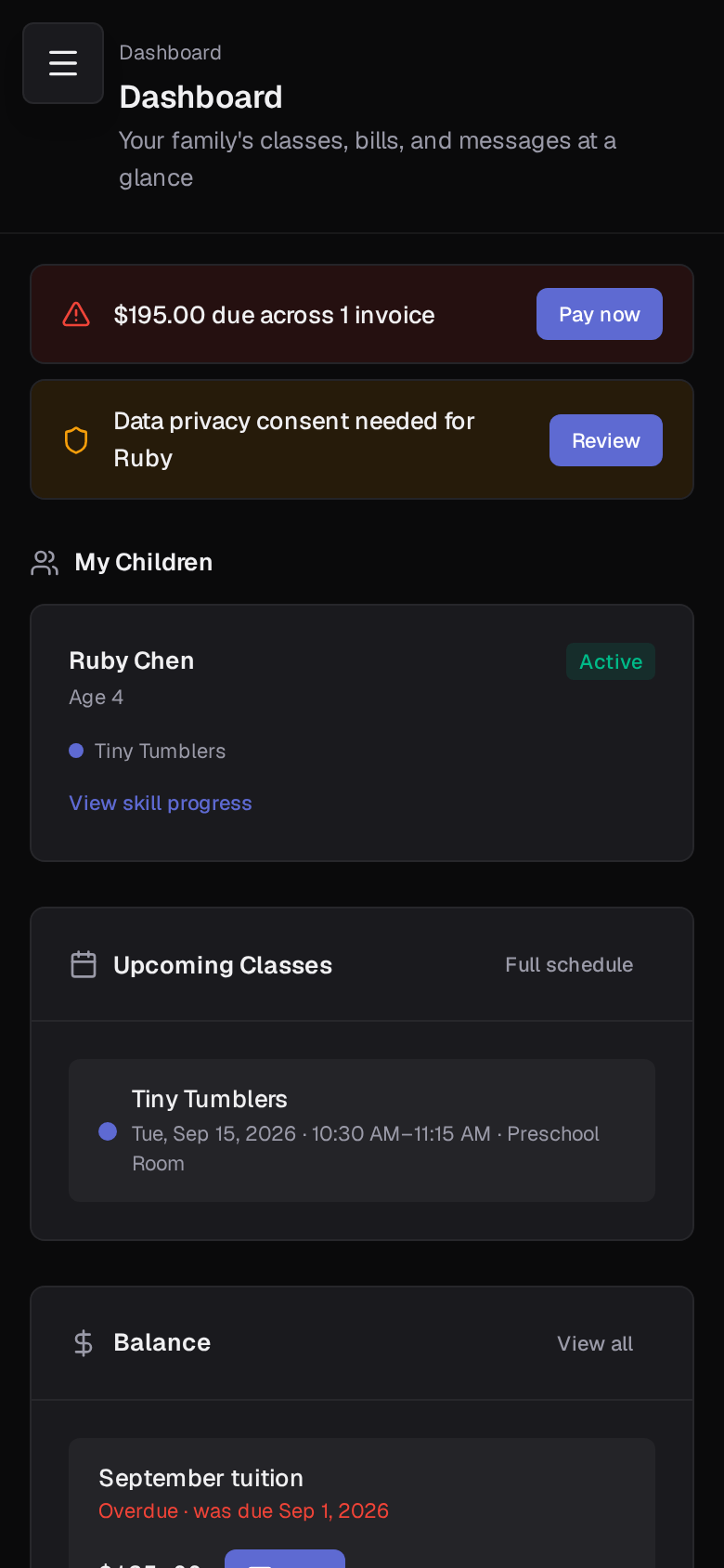 Parent portal dashboard on a phone