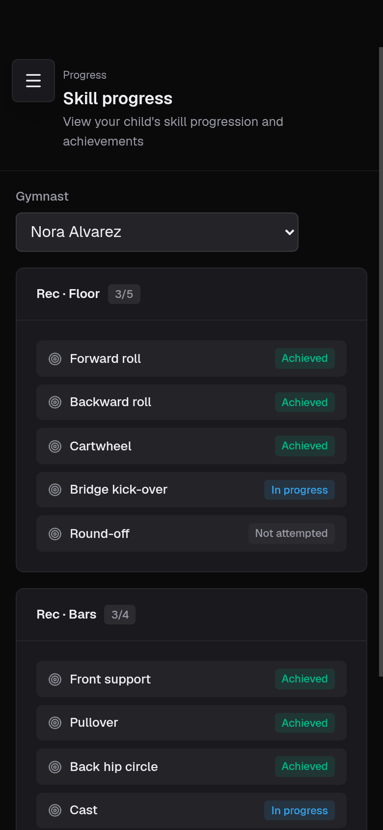 Parent portal skill progress for one child on a phone