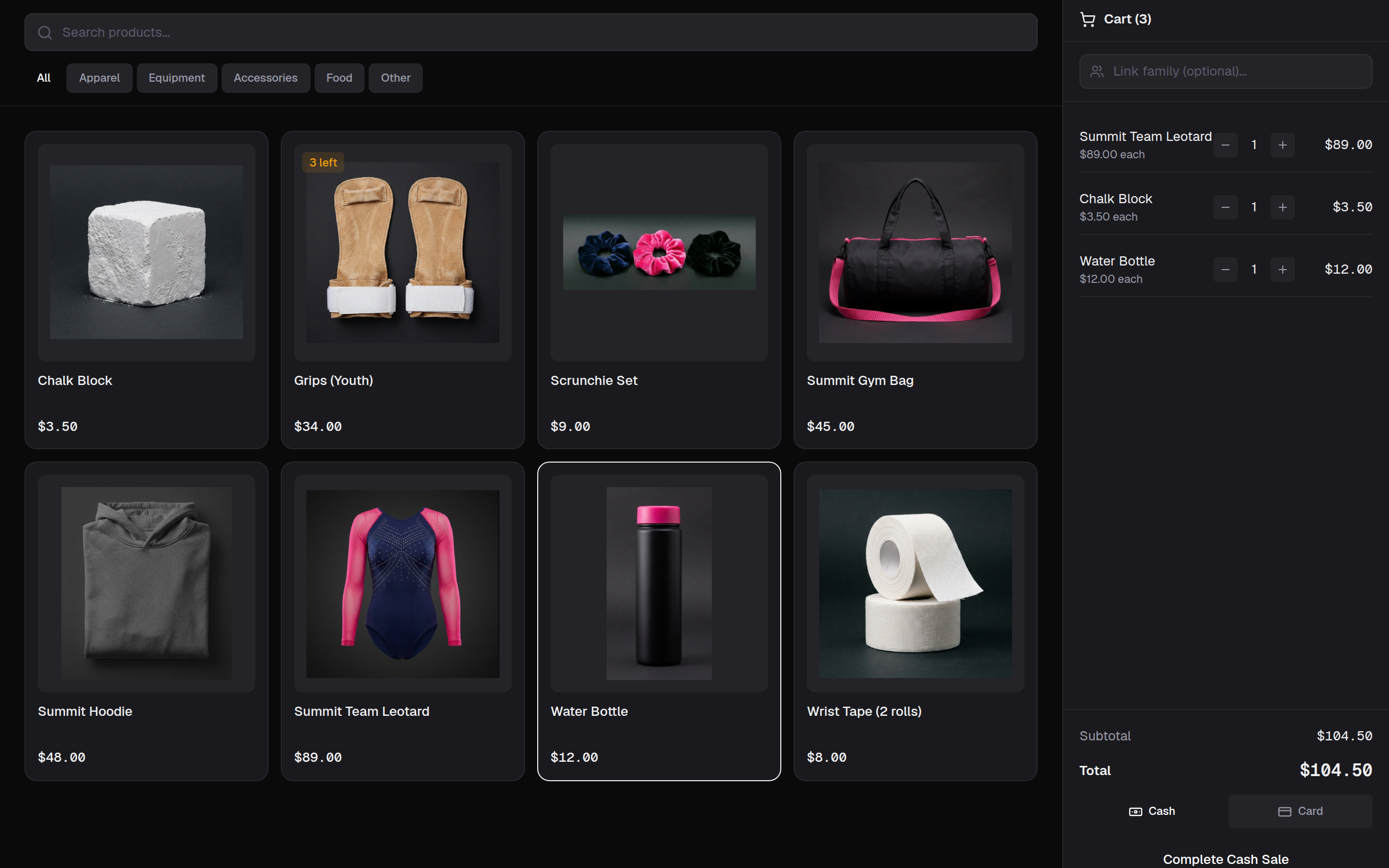 Stick10 point of sale with product photos, stock badges and a cart in progress