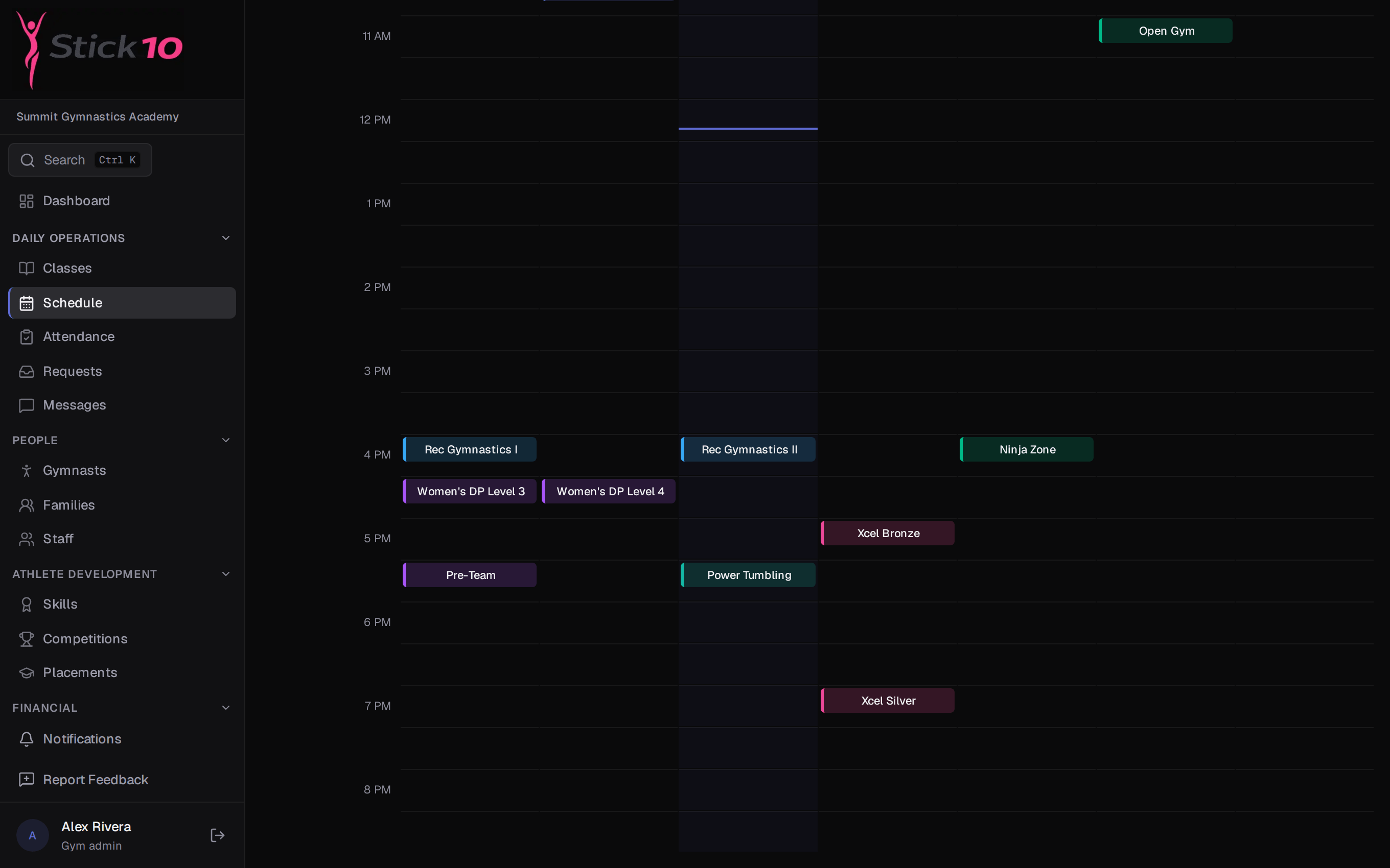 Stick10 schedule in week view with classes placed by time and day