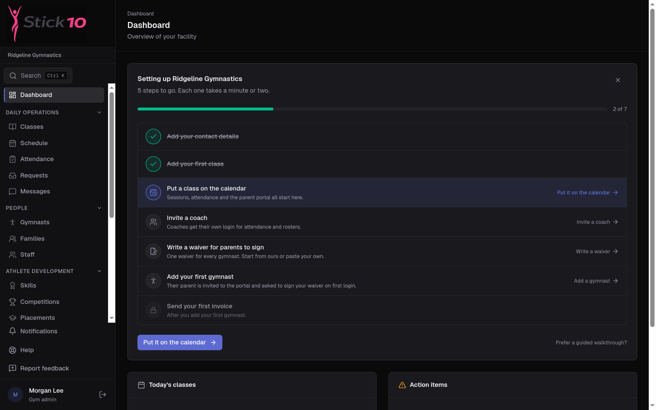 Stick10 dashboard for a new gym with the setup checklist showing completed and remaining steps