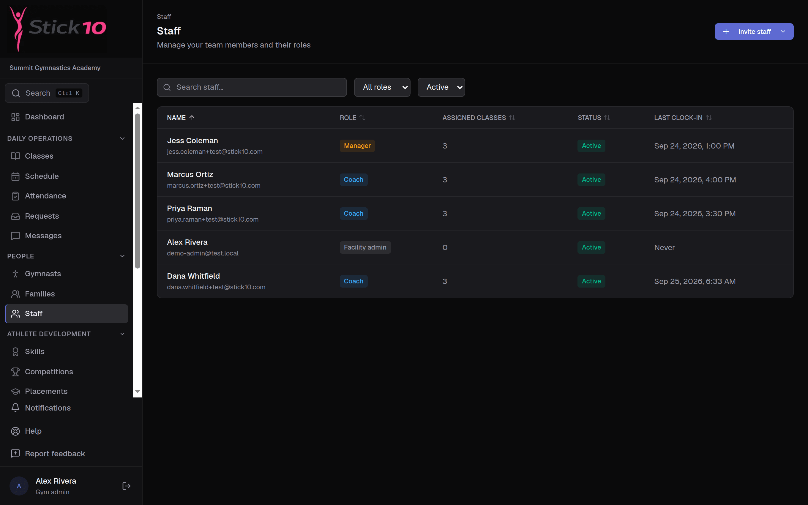 Stick10 staff list with roles, contact details and status