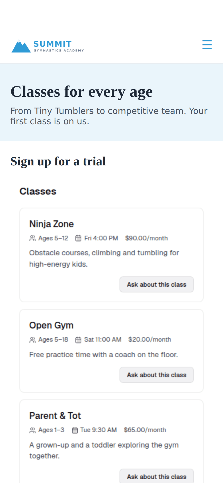 The signup form embedded in a gym’s own website on a phone