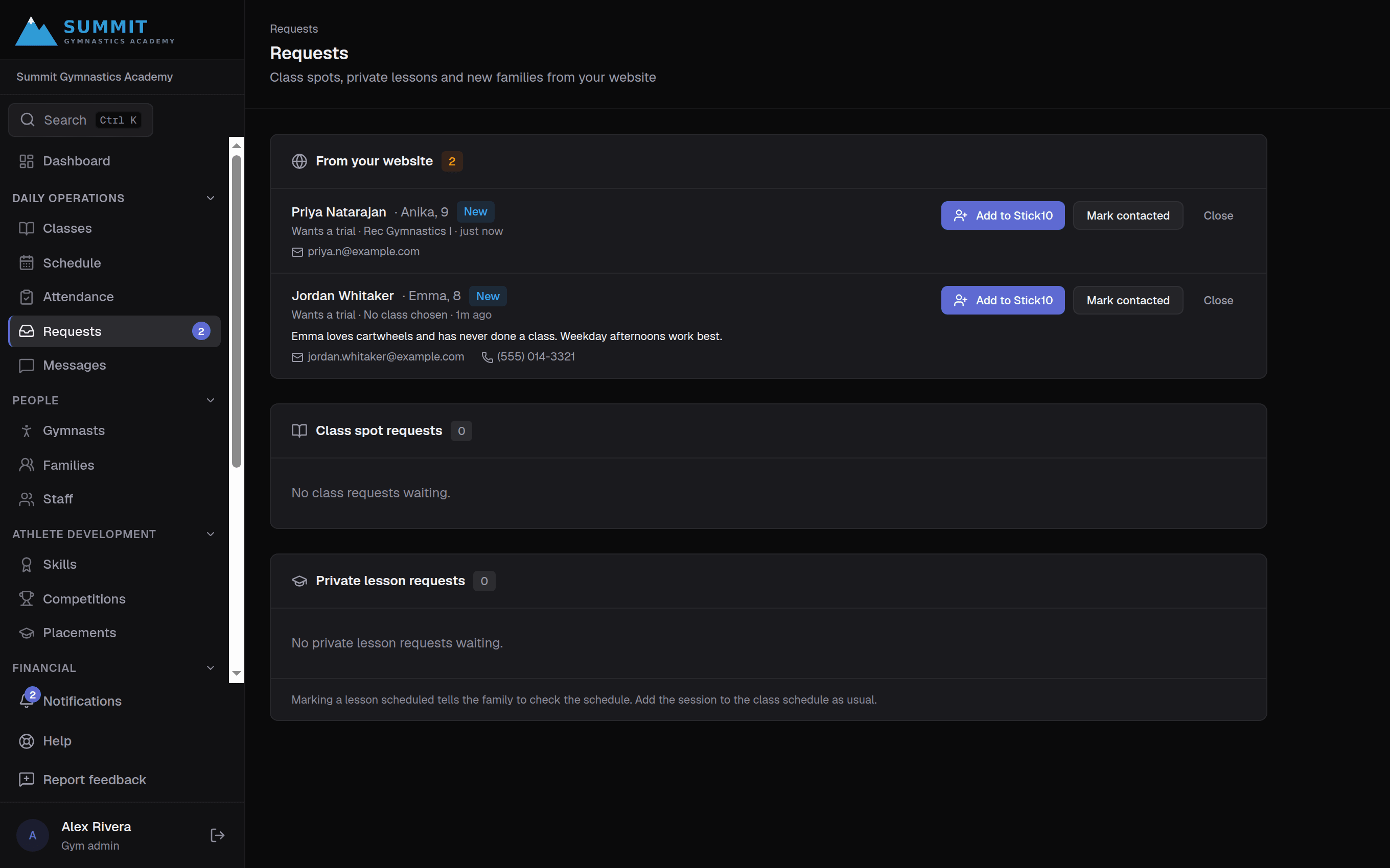 Stick10 Requests page with a new family’s website request and an Add to Stick10 button