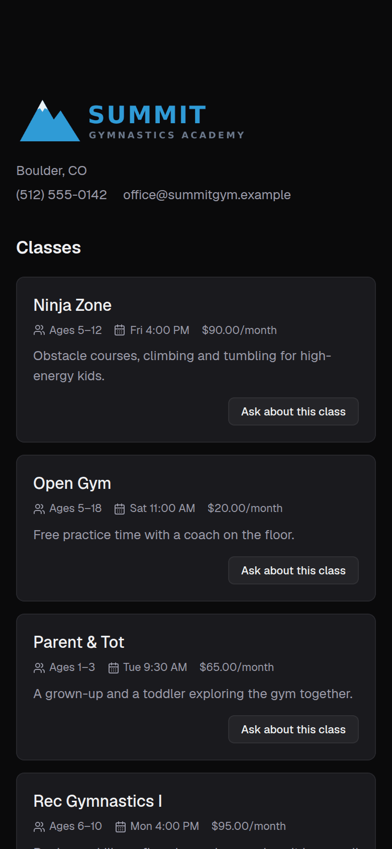 The gym’s signup page on a phone