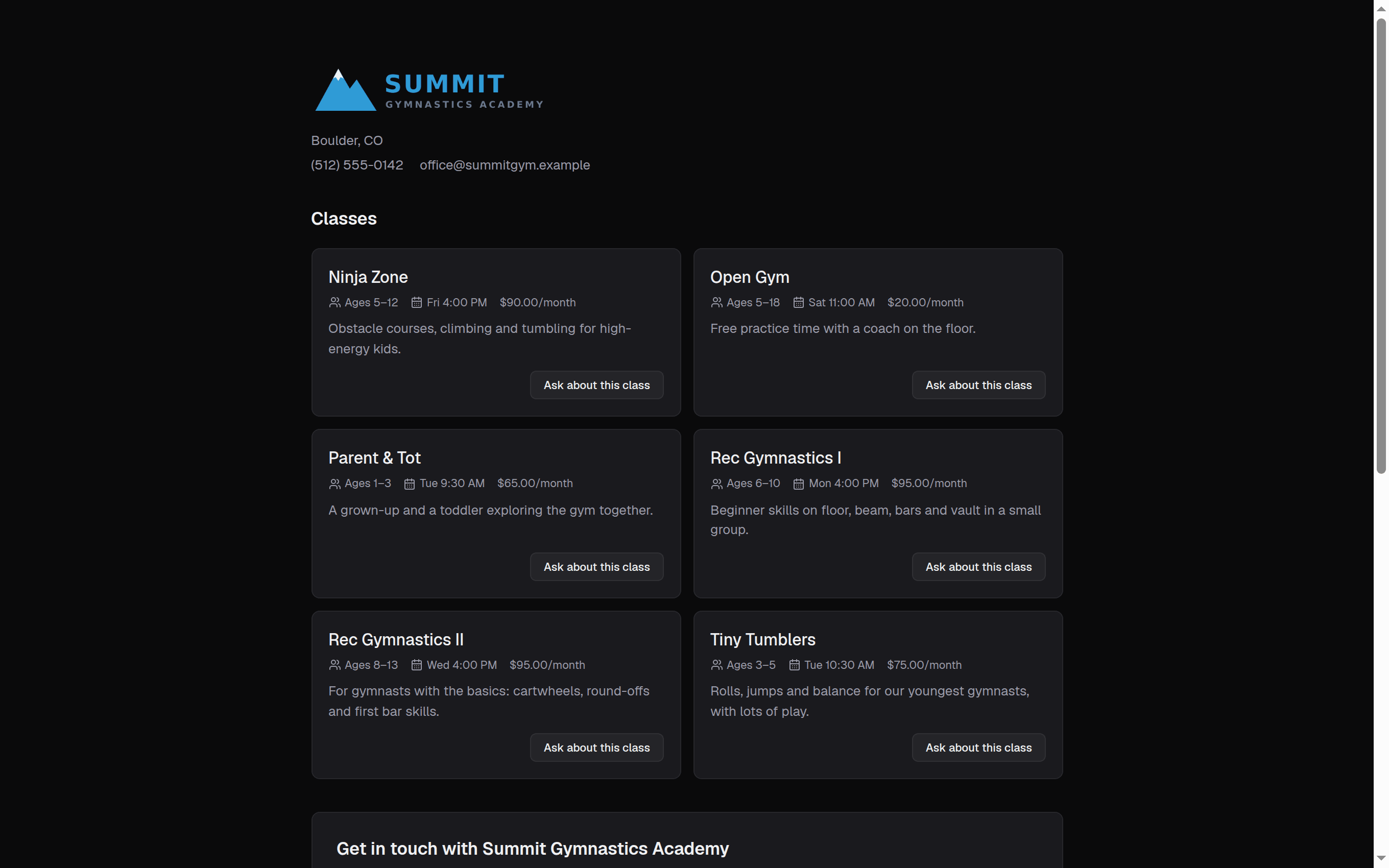 A gym’s Stick10 signup page listing classes with ages, days, times and prices, above a request form